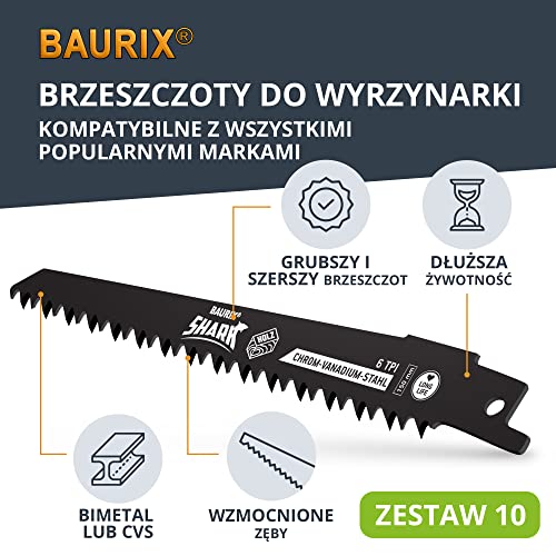 BAURIX® Brzeszczoty do wyrzynarki - SHARK [10 sztuk] - Czyiste i szybkie cięcia - Zestaw brzeszczotów do pił szablastycznych z torbą