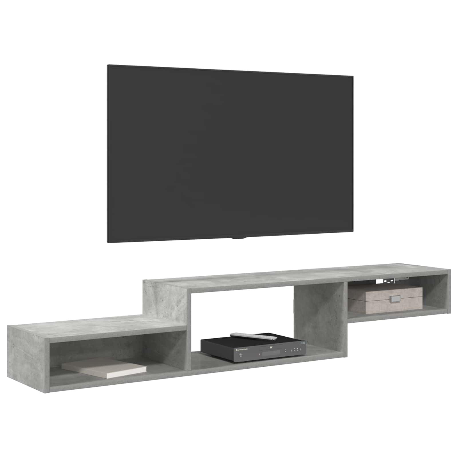 Wandmontierter TV-Schrank Betongrau aus Holzwerkstoff 150x28x26 cm mit Wandhalterung, schwebendes Regalsystem für Wohnzimmer, Schlafzimmer, platzsparende Aufbewahrung und Moderne Ordnung