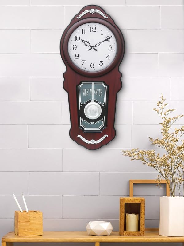 Image of CHRONIKLE Elegant Vertical Wooden Case Analog Pendulum Chime Musical Wall Clock for Living Room Home Decor Office Gifts (Size: 26 x 10.3 x 56 CM | Weight: 1955 Gram | Color: Rosewood)