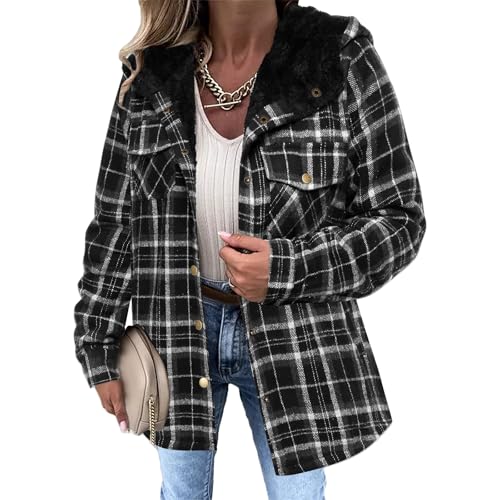 Womens Plaid Shacket Jacket Fuzzy Fleece Lined Coats Casual Long