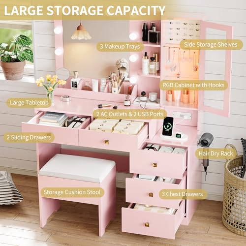 Image of Vanity Desk with Mirror and Lights, Makeup Vanity Table Set with 5 Storage Drawers, Power Outlet & Chair, Small Dressing Table with RGB Ambient Light, Adjustable Brightness for Girls Bedroom, Pink