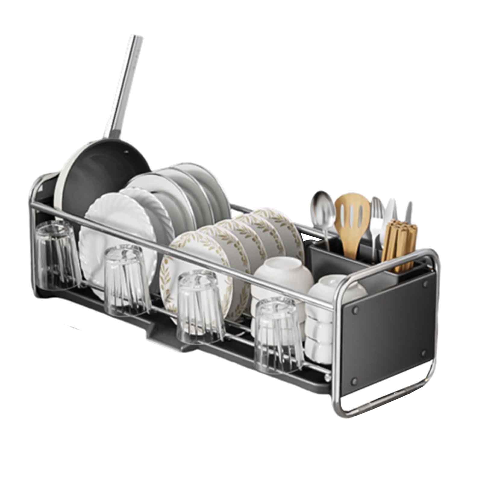 JUSHZ Abtropfgestell Geschirr Geschirrabtropfgestell Dish Rack Geschirrständer Abtropfhalter Ständer Abtropfgitter Geschirrablage Abtropfschale Geschirrkorb Besteckkorb Schmal (43x17x17cm,Black)