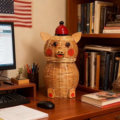 “Tiny Guardian” Miniature Bamboo Sculpture – HandwovenPig Figure, Traditional Coiled Weaving Art, Collectible Folk Art Decor (5.91, Piglet)