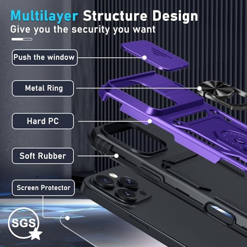 Janmitta Case for iPhone 16 Pro Max Phone Cover Built in Slide Camera Lens Cover+Screen Protector,Heavy Duty Shockproof Full Body PhoneCase with Finger Ring Holder Kickstand,Purple by Janmitta - Used condition - Image 4
