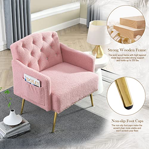Upholstered Accent Chair, Modern Armchair Single Sofa Arm Chair With Golden Rivet And Metal Legs, Tufted Lounge Reading Chair With 2 Pockets For Living Room, Bedroom, Office, Teddy Pink #TOP5
