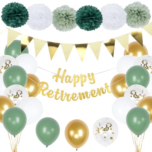 Retirement Party Decorations, Gold Happy-Retirement Banner, Paper Pom Poms, Gold Foil Paper Pennant Banner, Balloons for Retirements Decor, Retired Parties Supplies