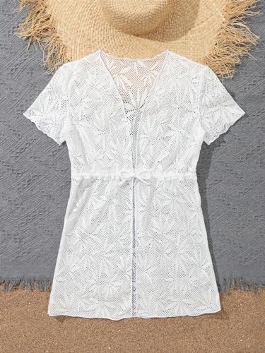 WDIRARA Girl's Tropical Pattern Lettuce Hem Mini Cover Up Dress Collarless Neck Short Sleeve Mesh Beach Dress3