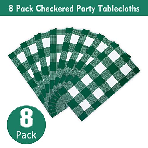 Image of Kesfey 8 Packs Green and White Checkered Tablecovers 54 x 108 Inches Disposable Party Picnic Table Cloth SpillProof Plastic Gingham Tablecovers for Camping Decoration Party Favors