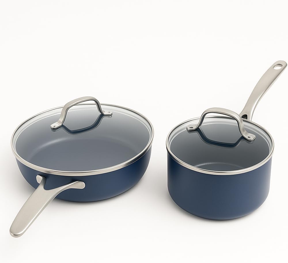 Blue Diamond 2QT Saucepan & 8” Nonstick Frying Pan Skillet Set, Diamond Infused PFAS & PTFE-Free Ceramic Pot, Dishwasher & Oven Safe, Stay Cool Handle, Durable Non Toxic Metal Utensil Safe, Blue