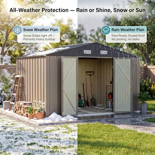 Image of Devoko 10x8 FT Outdoor Storage Shed with Floor Frame, Metal Tool Shed for Garden Backyard Patio(Brown)