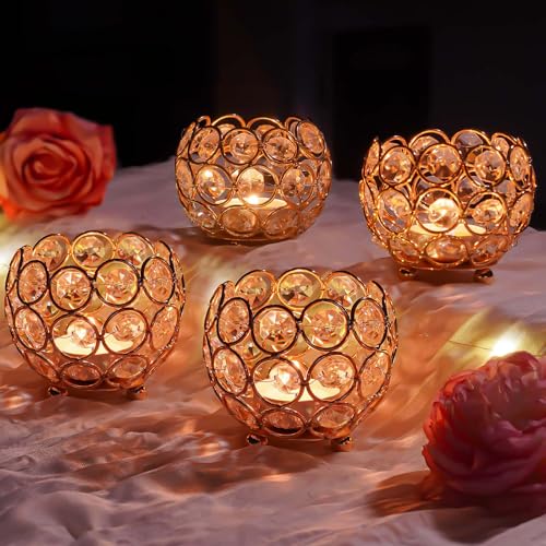 kolnlala 4 Pcs Crystal Tealight Candle Holders for Table Centerpiece,Elegant Wedding Table Centerpiece for Home Decor, Birthday Party, Romantic Events | Giftable Decorative Accent (4, Gold)