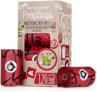 My AlphaPet Compostable Dog Poop Bags - Cornstarch Earth Friendly - Highest Rated EN13432 - 120 Count 8 Rose scented Refill Rolls - Large Size 9 x 13 Inches - Leak Proof Doggie Waste Bags