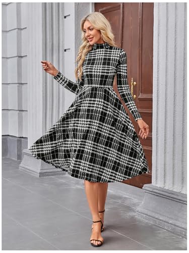 Image of Floerns Women's High Neck Plaid Fit and Flare Midi Dress