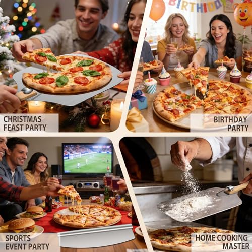 Pizza Peel Aluminum Pizza Spatula, MOVNO 12 inch Metal Pizza Paddle(12\"x 14\") with Rocker Cutter Foldable Wood Handle, Server for Family Pizza Oven Baking Pizza, Dough, Bread & Pastry