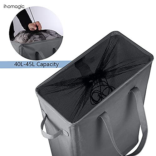 IHOMAGIC 45L Wäschekorb Schmal, Wäschesammler mit Griffen Rechteckiger Wäschebehälter, Robustes Oxford Stoff Aufbewahrungsbeutel für Badezimmer, Schlafzimmer 39x19x60cm Dunkelgrau