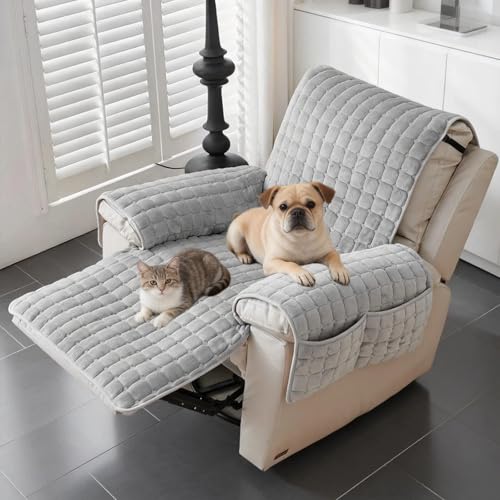 Recliner Chair Cover Sofa Cover Armchair Covers with Pockets - Machine Washable Ultra-Soft Elastic & Anti-Slip Strap Design Protective Covers for Furniture for Pets and Children (Grey)