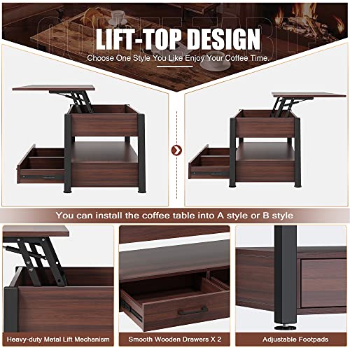 Osfvolr Lift Top Coffee Table, Coffee Table With Storage Drawers And Adjustable Metal Legs, Vintage Wood Living Room Tables With Hidden Compartment And Open Shelf, Espresso #TOP5