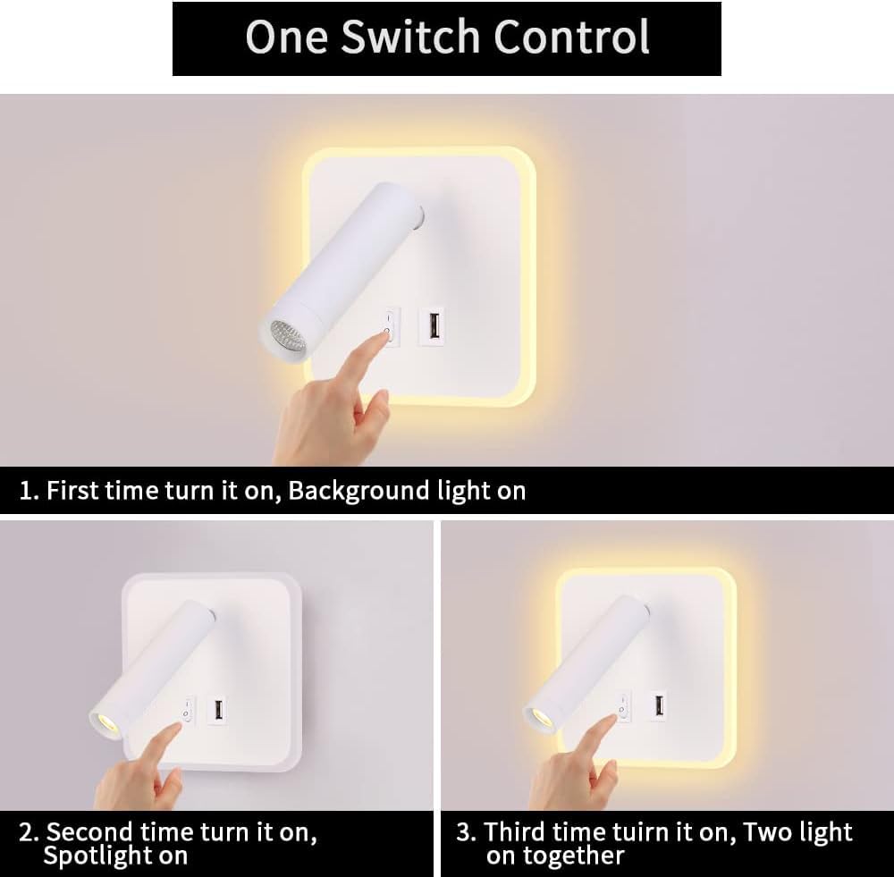 ERWEY Kinkiet LED 8 W lampka nocna do czytania Lampa ścienna z regulowanym reflektorem (3W 4000K +5 W 3000K) z portem ładowania USB (kwadrat, biały)