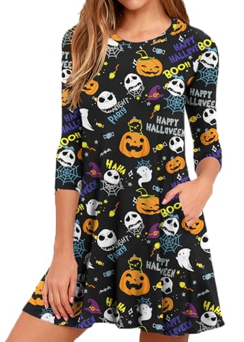 Image of VIISHOW Womens Round Neck 3 /4 Sleeves A-line Casual Tshirt Dress with Pocket