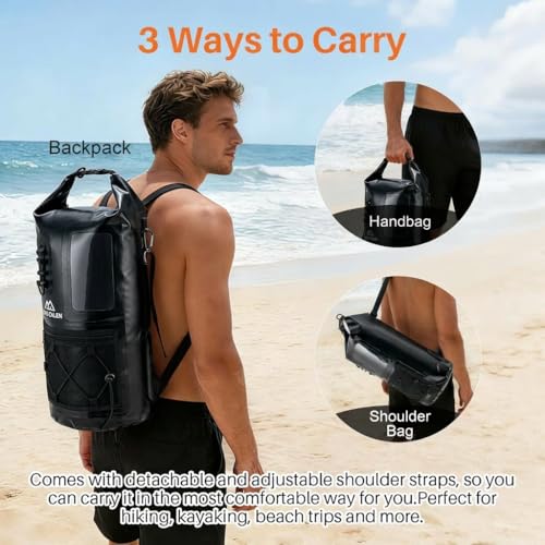Image of Waterproof Dry Bag 500D PVC Roll Top Dry Sack with 3 Carrying Ways, Lightweight Waterproof Bag for Kayaking, Swimming, Boating, Paddle Boarding, Hiking, Beach (Black, 27L)