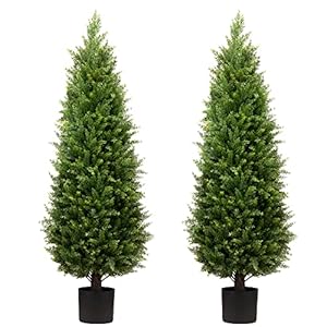 4ft Artificial Cedar Trees Artificial Topiary Trees Set of 2 Faux Cypress Plants UV Resistant Potted Bushes Faux Shrubs for Outdoor Indoor Front Porch Garden