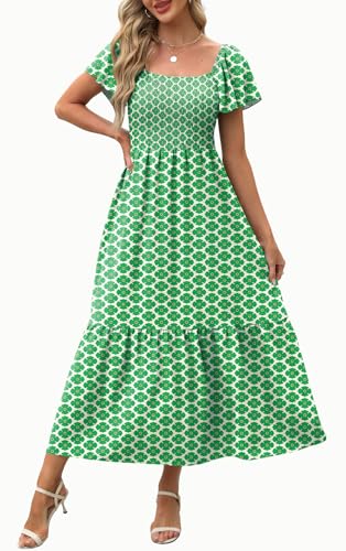 Image of OFEEFAN Summer Dresses for Women Square Neck Ruffle Sleeve Smocked Maxi Dress with Pockets