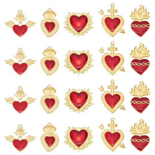 UNICRAFTALE 20Pcs 5 Styles Heart Charm Alloy Enamel Pendants Golden Sacred Heart Charm Red Heart Thistles Thorns Fancy Enamel Charm for Jewelry Making Charms Valentine's Day DIY Crafts Supplies