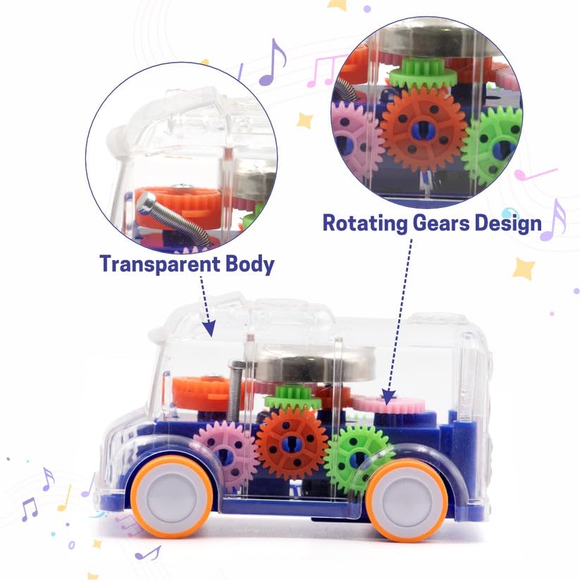 TOYIQ Transparent Gear Bus for Kids | Mini School Bus Toy with Moving Gears, Tinkling Sound & Flashing Lights | Educational & Fun Vehicle Toy for Toddlers