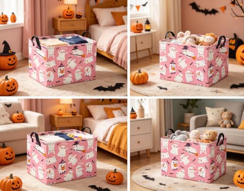 Image of Halloween Basket Cute Baskets for Kids Pumpkin Basket Rectangular Storage Bin Organizer Box Room Decor(Pink Magic Ghost)