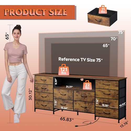 Image of WLIVE Dresser TV Stand for 75 Inch TV, 12 Drawer LED Dresser, Rustic Brown