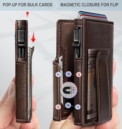 Image of VOGARD Slim RFID Blocking Wallet for Men | Pop-Up Card Holder with Money Clip & Coin Pocket | Magnetic Flip Leather Wallet | Holds 9 Cards, Cash & Keys | Coffee