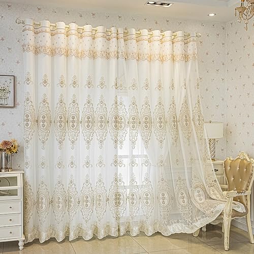 Amidoudou 1 Paar europäische Doppellagige Vorhänge mit Volants für Wohnzimmer, Schlafzimmer, luxuriöse 3D-Blumenstickerei, halbverdunkelnde Vorhänge (Weiß, 130 x 228 cm)