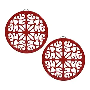 Trivet 7.8 Inch, Cast Iron Trivet with Rubber Pegs/Feet Non-Slip, Rustic Trivets for Hot Pots and Pans, Decorative Kitchen Trivet Mats Hot Pads Pot Coasters(2 Pack) (Red)