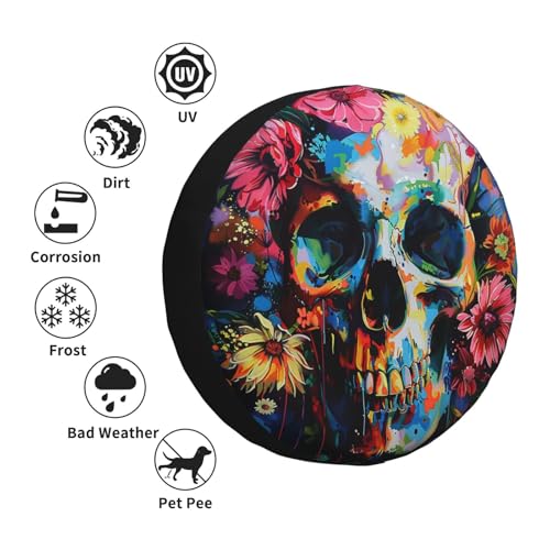 Image of Skull with Flower Spare Tire Cover Weatherproof Universal Halloween Decorations Wheel Protectors Wheel Covers for Rv Camper Travel Trailer SUV Truck 16 Inch