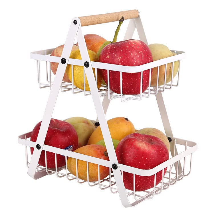 Kongming 2 Tier White Fruit Basket,Detachable Metal Fruit Bowl Holder with Handle,Portable Modern Countertop Vegetable Rack for Bread Storage,Kitchen Storage & Organisation in Home (White-2 Tier)