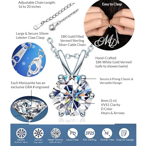 CMD Moissanite Pendant Necklace 2ct Round or Oval Cut, 18K White Gold-Filled Vermeil 16 to 20 inch Adjustable Chain, Secure Large 10mm Lobster Clasp, D Color VVS1, GRA Certified & Engraved, Gift Ready4