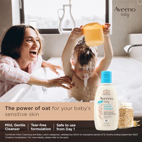 Image of Aveeno Baby Daily Moisture Wash and Shampoo (100ml) | Cleanses hair & body | Oat kernel extract & glycerin | Tear-free, soap-free, paraben-free, hypoallergenic | US #1 Pediatrician recommended
