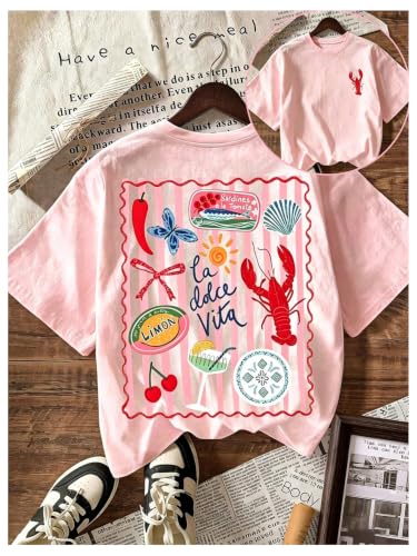 Image of RoseSeek Women's Striped Cartoon Print T Shirts Crew Neck Short Sleeve Tees