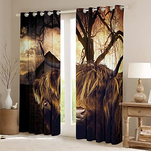 Loussiesd Highland Cattle Curtain for Bedroom Living Room Farm Highland Cow Darkening Drapes Kids Women Men Farmhouse Animal Window Curtains Retro Window Treatments W52*L90 - Image 2