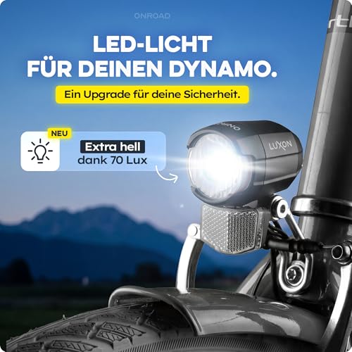 LED Fahrradlicht Dynamo 70 Lux - Fahrradlicht Set LUXON mit Automatischer Lichtanpassung & Standlicht - Ohne Akku Immer Einsatzbereit ideal für Alltag, Pendler, Stadtverkehr, für Naben- & Seitendynamo