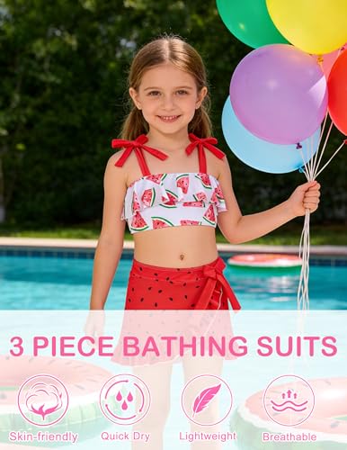 Image of ALISISTER Girls Swimsuit 3 Piece Bathing Suits Flounce Bikini Tankini Set Beach Swimwear with Cover Ups Skirt for 3-8 Years