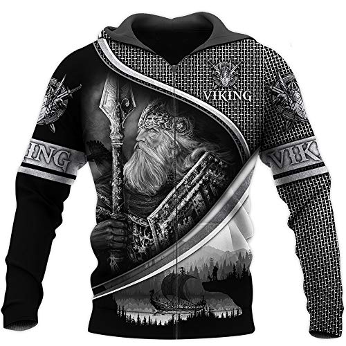 WLXW Herbst Langarm Street Hoodie, Nordic Odin Viking Warrior 3D-Gedrucktes Tattoo Sweatshirt, Harajuku Unisex Pullover Mit Rundem Hals, Weihnachtspaar Kleid,Hoodie Zip,S Cover