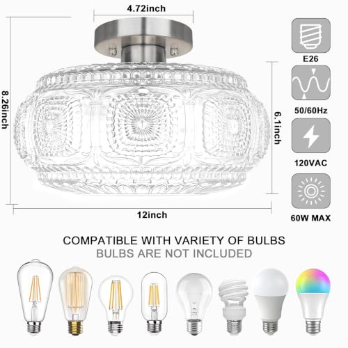 Image of 12 Inch Semi Flush Mount Ceiling Light Fixture, Brushed Nickel