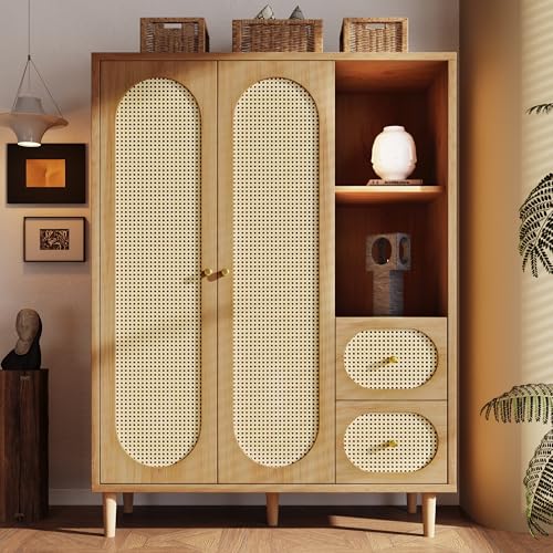 LinoraFurn Armario de estilo rústico roble 161 x 120 x 44 cm madera, 2 puertas, 2 cajones, estantes abiertos, con barra para colgar, ideal para dormitorio y pasillo, fácil montaje, diseño atemporal