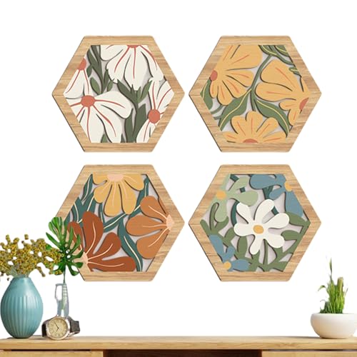 Décoration murale en bois Ruwshuuk : lot de 4 panneaux géométriques bohèmes pour le salon