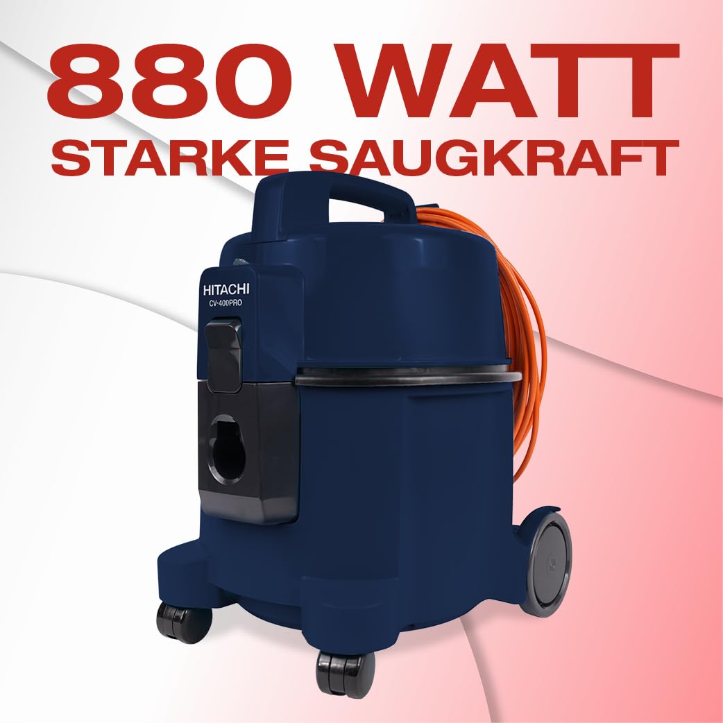 HITACHI Staubsauger CV-400 PRO mit HEPA Filter 7,5L, Beutellos - Profi Bodenstaubsauger 880W, leise 74 dB, 13m Radius, Teppichdüse & Zubehör, Gewerbesauger für Haushalt & Industrie (Dunkelblau)