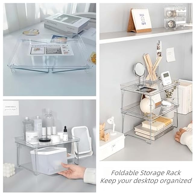 Pack of 2 Foldable Acrylic Storage Shelf Organizer Small Transparent Display Rack for Desktop Countertop Dressing Table Office Dorm Kitchen Bathroom