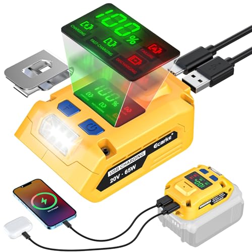 Image of Ecarke 2-in-1 Battery Charger & Power Inverter Compatible with DeWALT 20V Battery, 65W USB-A Output & USB-B Input /Output, for Travel Emergency Use (No Battery)