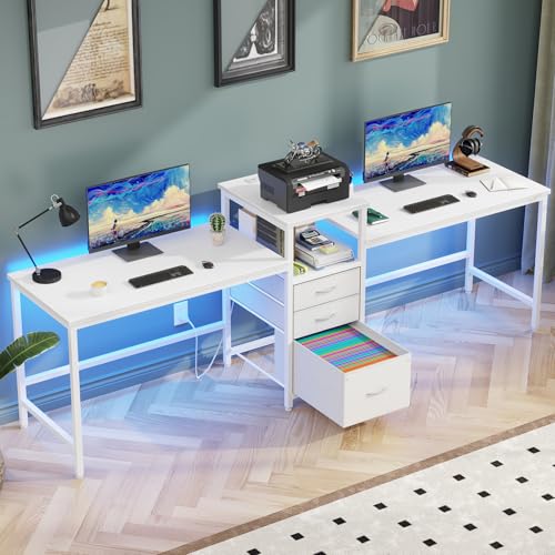 GYIIYUO 93'' Two Person Desk with LED Lights & Charging Station, Long Desk with 3 Drawers and Printer Shelf, Double Computer Desk, 2 Person Writing Study Table Workstation for Home Office, White