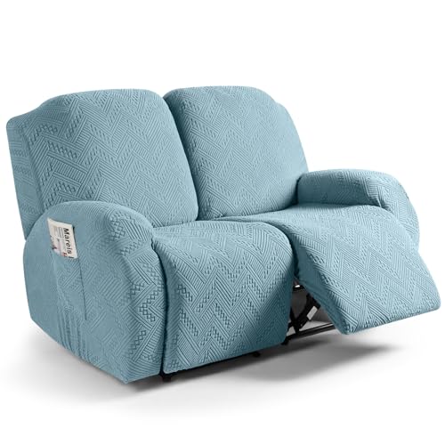 Image of Ruaozz Recliner Sofa Covers Recliner Chair Covers Loveseat Recliner Slipcovers with Pockets Washable Furniture Protector with Elastic Bottom (2 Seater, Light Blue)